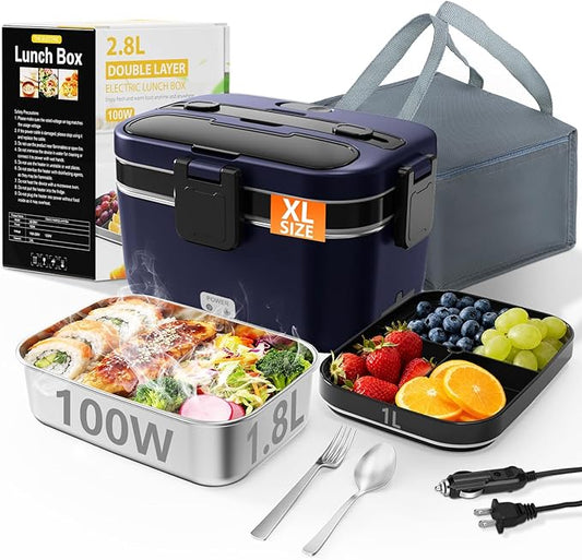 Electric Lunch Box for Adults, 2.8L Double Layer 100W Fast Heated Lunch Box, Heating Food Heater Warmer for Home Office Car Truck Use, Extra Large Lonchera Electrica Portátil 12/24V/110-230V, Blue