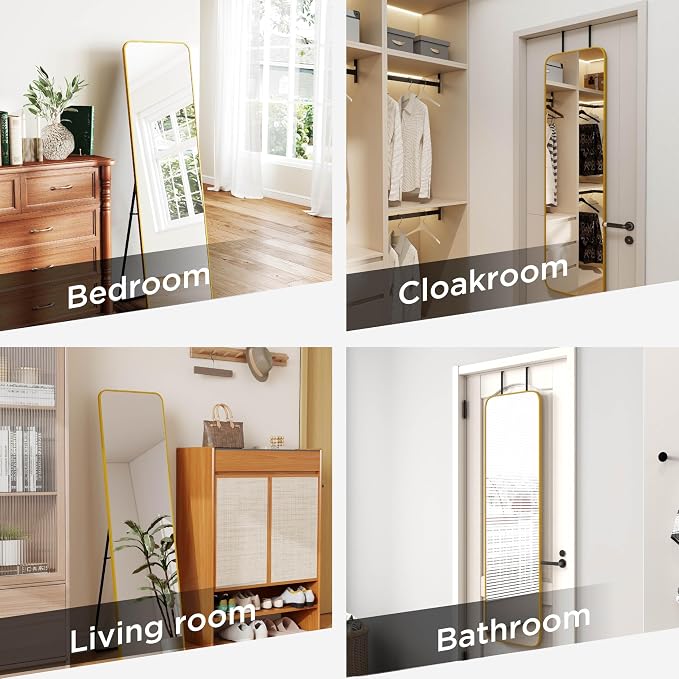 SCWF-GZ 57x16 Full Length Mirror Over The Door Hanging, Floor Stand/Wall Mounted Aluminum Alloy Frame Dressing Mirror for Bedroom Living Room 57 inch Gold