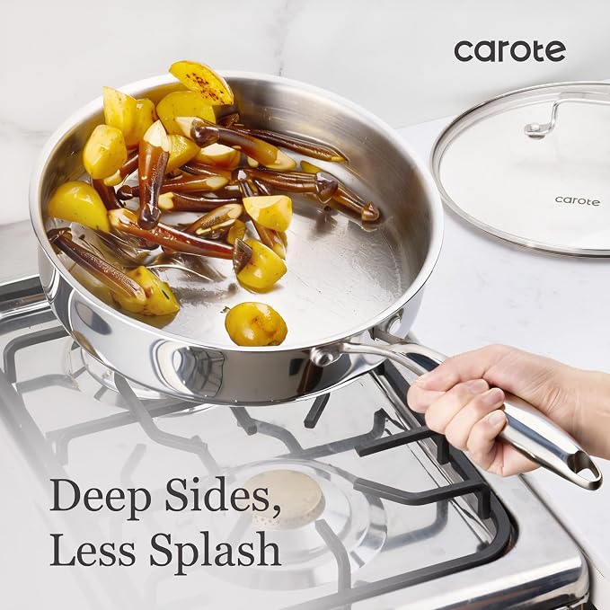 CAROTE 30 PCS Tri-Ply Stainless Steel Cookware Set, Pots and Pans Set, Non Toxic Induction Kitchen Cooking Sets, Cookware Collection, Silver