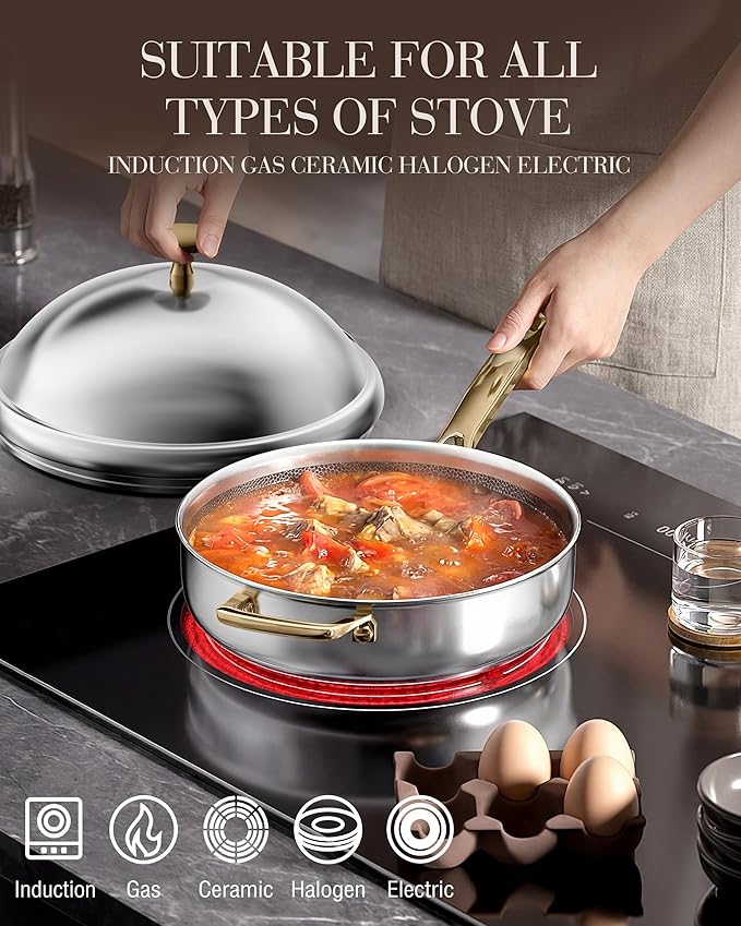 FogDream Titanium Non Stick Frying Pan, 10in Tri-Ply Stainless Steel Deep Saute Pan, All-in-One Cookware Set with Stainless Lid, Stay Cool Handle, Dishwasher & Oven-Safe,Induction Compatible,Gold