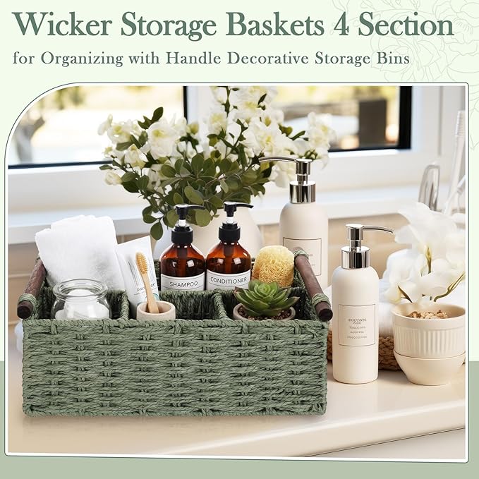 Remerry Sage Green Bathroom Countertop Organizer Caddy, Wicker-Like Divided Basket with Handle and Metal Frame, 4 Compartment, Paper Rope Storage Organizer for Vanity Kitchen (15.35 x 10.24 x 6.3 in)