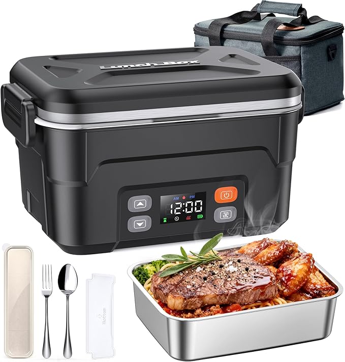 EAST OAK XL 6.3-Cup/1.5L Cordless Electric Lunch Box for adults, Heated Lunch Box Food Heater 220°F Stainless Steel Container for Work Outdoor, Black