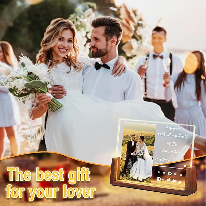 Personalized Valentine's Day Couples Gifts For Him Her Women Men, Custom Acrylic Spotify Plaque Light Up Picture Frame, Customized Anniversary Birthday Wedding Gifts For Husband Wife BF GF