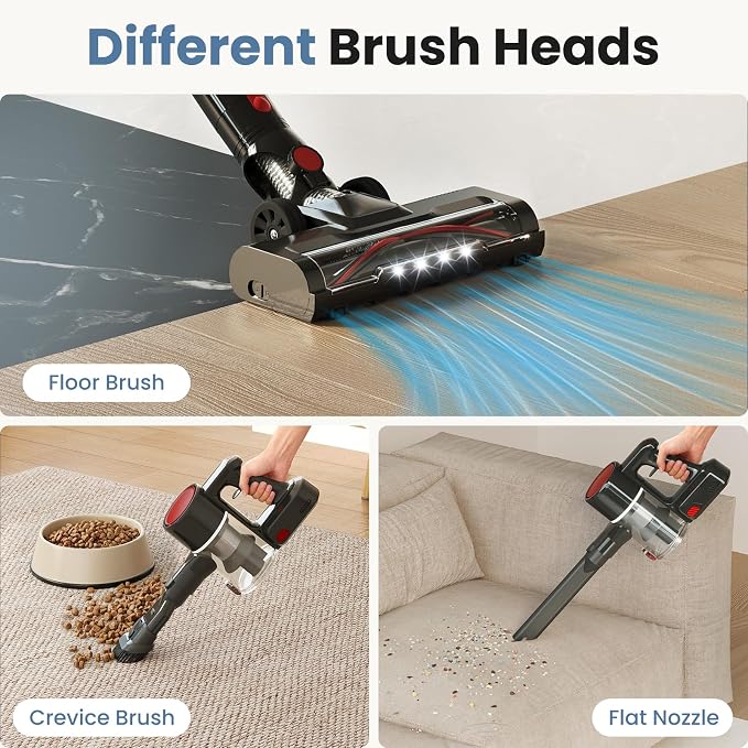OLIXIS Cordless Vacuum Cleaner, Rechargeable Upright Cleaner with Flexible Steering, Extendable Wand, LED Headlight, 3 Brushes & Wall Mount, Handheld Vacuum for Hardwood Floor Home Cleaning