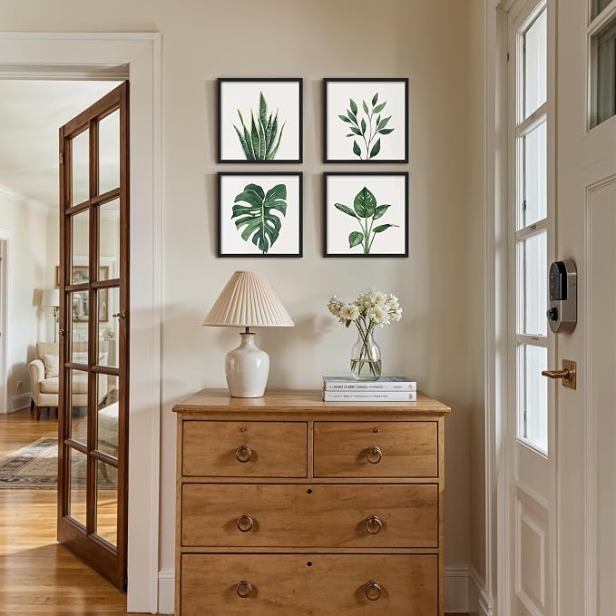 ArtbyHannah Framed Bathroom Wall Art Decor, 10x10 Inch 4 Pack Botanical Gallery Wall Frame Set Modern Farmhouse Sage Green Prints Artwork for Spa, Restroom, Bedroom, Office Decoration (Black)