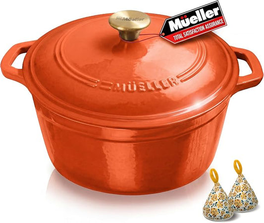 MUELLER HOME 6 Quart Enameled Cast Iron Dutch Oven for Bread Baking | Oven-Safe up to 500°F & Across All Cooktops, Housewarming Gifts New Home, Cast Iron Cookware, Gifts for Women, Orange