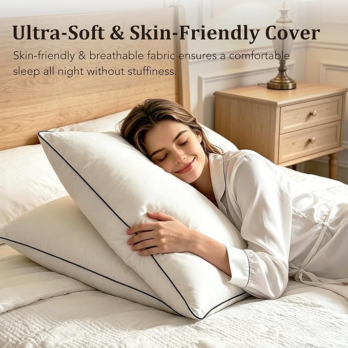 Down Bed Pillows Standard Size Set of 2, Luxurious Hotel Pillow for Back,Stomach and Side Sleepers,Downproof, Soft, Fluffy, Breathable Cotton Blend Shell (Off White, Standard (Pack of 2))