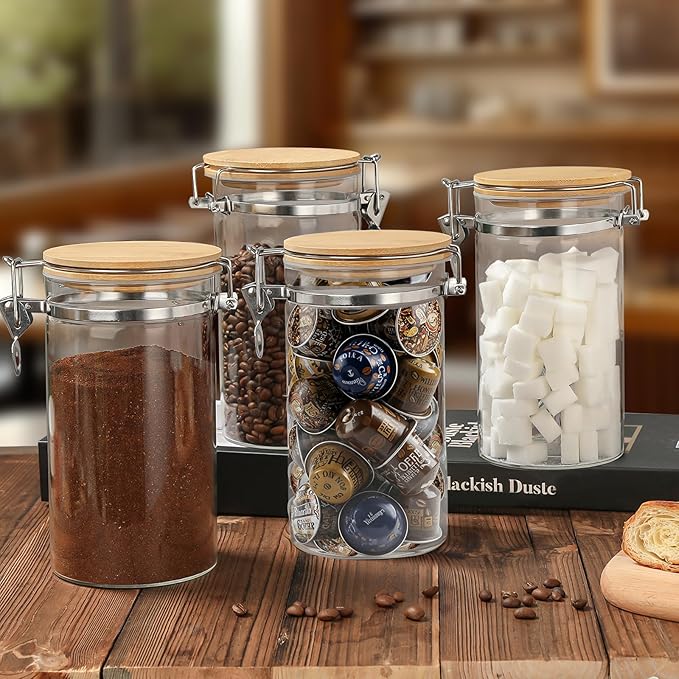 VZZNN 2 Pack 40.5oz Coffee Bean Storage Container with Airtight Bamboo Lids Glass Airtight Coffee Canister with Scoop Storage Container for Grounds Tea Cereal Sugar