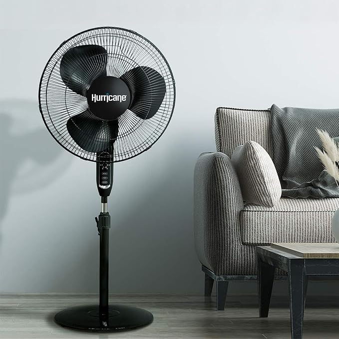 Hurricane Supreme Oscillating Pedestal Stand Fan with 3 Quiet Speeds, Black, 16" - Corded Electric Air Cooling Unit with Remote Control & Adjustable Height for Home, Apartment, Workshop or Office