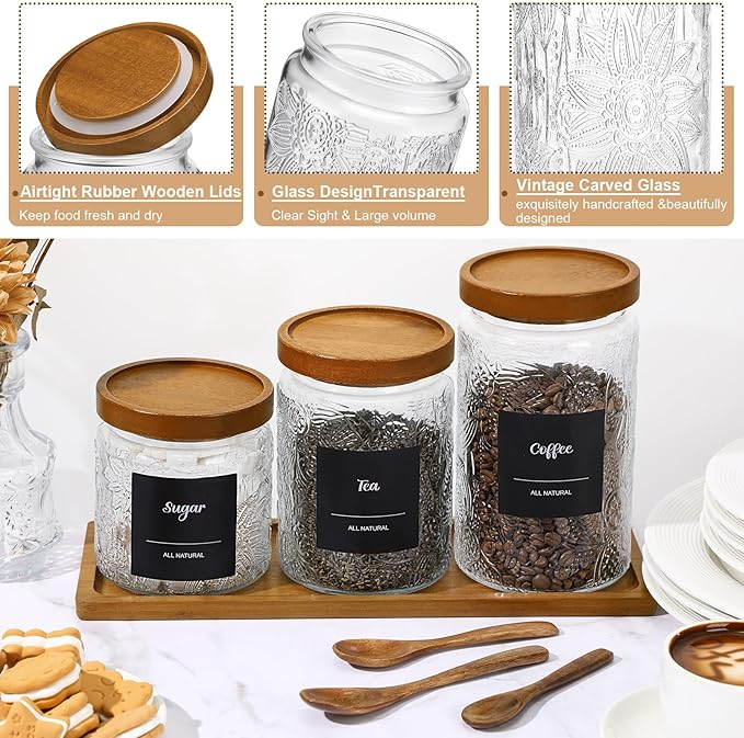 3 Pcs Glass Coffee Container Set with Wooden Lid Spoon Shelf Labels Clear Sugar Tea Airtight Jar Food Storage Canisters Set for Spice Holder Coffee Bar Gifts(Sunflower,16oz,24oz,32oz)