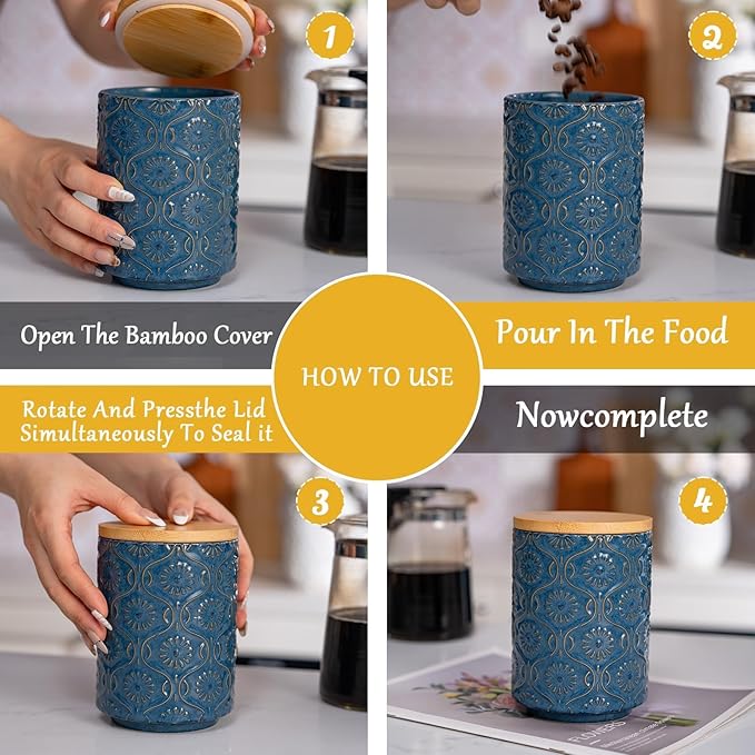 TEATALK Embossed Ceramic Canister, Stylish Airtight Storage for Kitchen, Coffee, Tea, Sugar, 23 Fl Oz, Darkblue