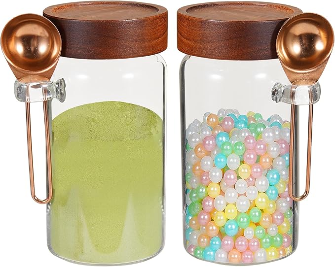 18oz Glass Coffee Jars with Scoop Wood Screw Lid Clear Round Spice Jar Herb Container Sugar Storage Bottle Canister for Seasoning Meal Prep Tea Coffee Ground Bean Salts (2×550ml(18oz)with spoon)