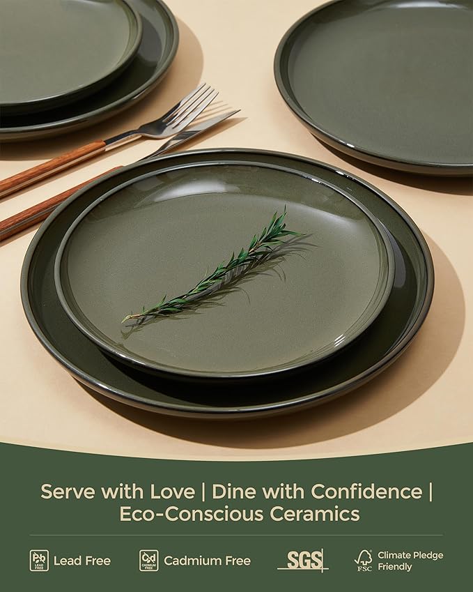 Pokini Santorini Mist Terracotta Reactive Glaze Plates and Bowls Sets, Stoneware Dinnerware Sets, Microwave and Dishwasher Safe Ceramic Dish Set Service for 4, Blackish Green