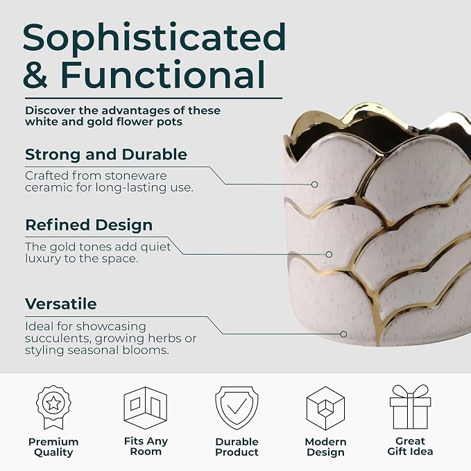 Modern Decorative Home Decor Planters for Flower Pots - Ideal for Indoor and Outdoor Plants for House Decor - Plant Pots for Garden Accent or Plant Stand Indoor - Set of 2, 7", 5", Ivory & Gold