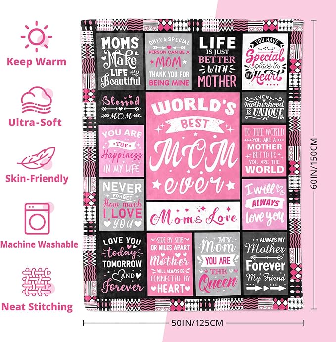 Moms Mothers Day Birthday Gifts from Daughter Son - Blanket Gifts for Mom - World's Best Mom Ever Gifts - Christmas Valentines Day Birthday Present for Moms - Mother Life Blanket 50"x60"