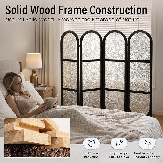 Acrylic Room Divider 4 Panel 67" Tall Arched Room Divider and Privacy Screen with Solid Paulownia Wood Frame, Freestanding Partition Divider for Room Separation, Home, Bedroom - Black