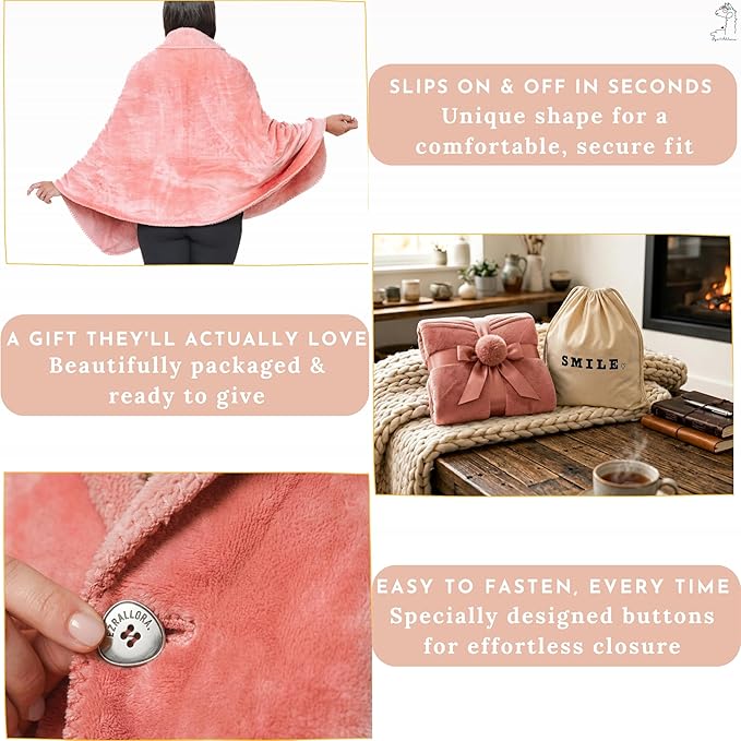 EzrAllora Premium Double Layer Wearable Blanket for Women -No Sleeves- Shawl with Pockets- Wrap Blanket- Gifts for Grandma (Powder Pink)