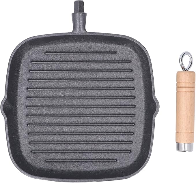 Cast Iron Square Grill Pan,Nonstick Grill Pan,Multipurpose Prevents Stick Quadrate Cast Iron Steak Pan with Detachable Wooden Handle for Bacon Steak Onion