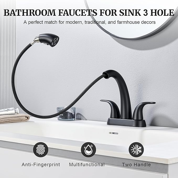 Ultimate Unicorn Pull Down Bathroom Sink Faucet - Anti-Splash Matte Black 4 Inch Centerset Vanity Faucets 3 Hole with Pop Up Drain, Two Handle Modern Washbasin Tap Set with Sprayer for Rv Restroom