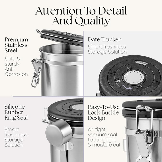 Mixpresso 16 Oz Stainless Steel Coffee Canister with Scoop – Airtight Coffee Container with CO2 Valve for Bean Storage, Date Tracker Lid