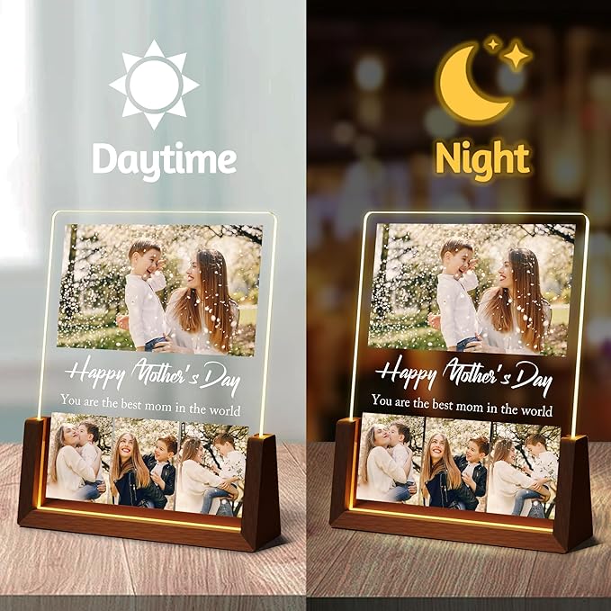 Personalized Mothers Day Birthday Gifts For Mom, Customized Moms Gifts From Daughter Son Husband, Custom Acrylic Plaque With Photo Name, Light Up Picture Frame For Mom Grandma Wife Christmas Gift