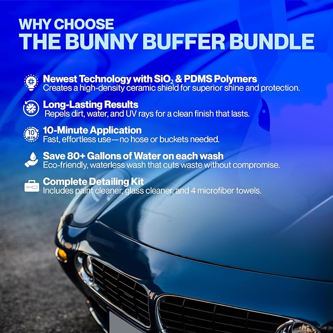 Bunny Buffer Bundle, Waterless SiO2 Ceramic Car Wash & Protect Kit with Auto Body Clean and Protect Spray, Glass Cleaner, & 4 Microfiber Towels, Spray and Wipe Car Detailing Kit, 6 Piece Set