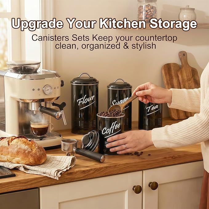 Hillbond Kitchen Canister Set of 4, Airtight Stainless Steel Food Storage Containers with Lids, Flour Sugar Coffee Tea Canisters for Countertop, Metal Kitchen Storage Jars, Black