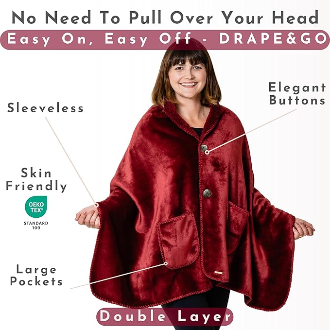 EzrAllora Premium Double Layer Wearable Blanket for Women - Easy On Easy Off No Sleeves - Drape and Go - Gifts for Elderly (Burgundy)