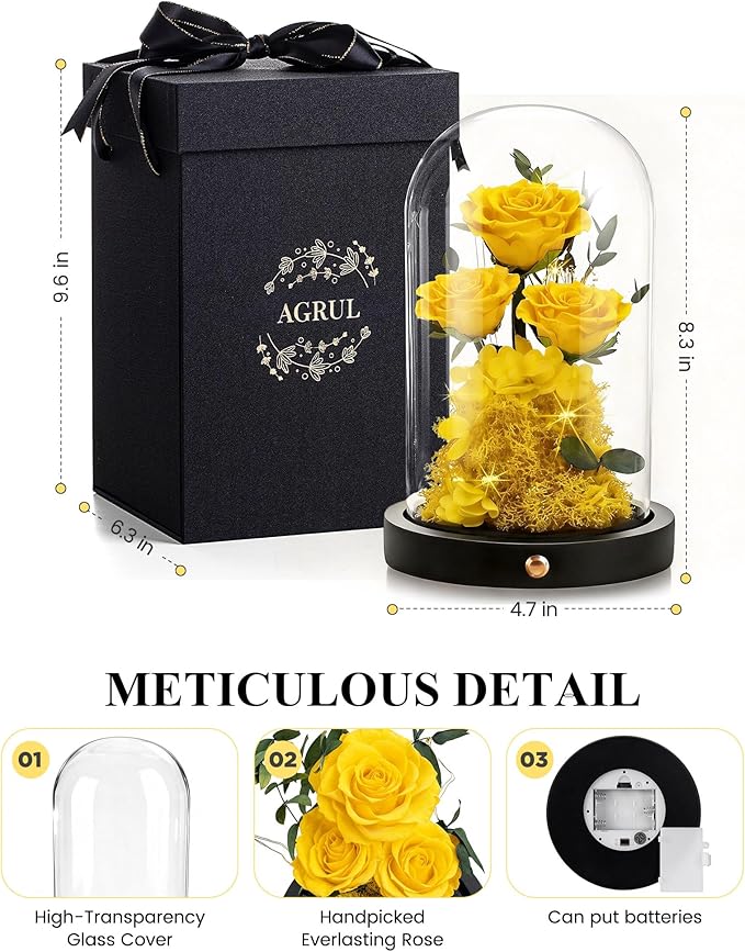 Agrul Mothers Day Flowers Roses Gifts for Mom,Forever Preserved Flower Rose in Glass Dome Fresh Flowers for Delivery Mothers Day Roses Gifts for Wife Women Mom Grandma from Daughter/Yellow Rose