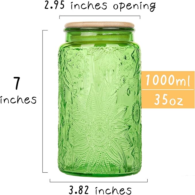 Custde Glass Storage Jars With Airtight Lid, 35oz Canister For Kitchen Counter with Bamboo Lid, brown sugar, candy, coffee, cookie, salt, tea,pantry cute Jar (Green, 35 fl oz)