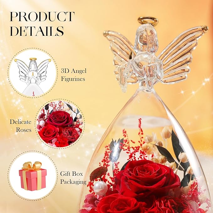 Mothers Day Roses Gifts for Mom Forever Preserved Real Roses Flowers in Glass Angel Figurines Fresh Flowers for Delivery for Grandma Women Mom Wife from Daughter/Red