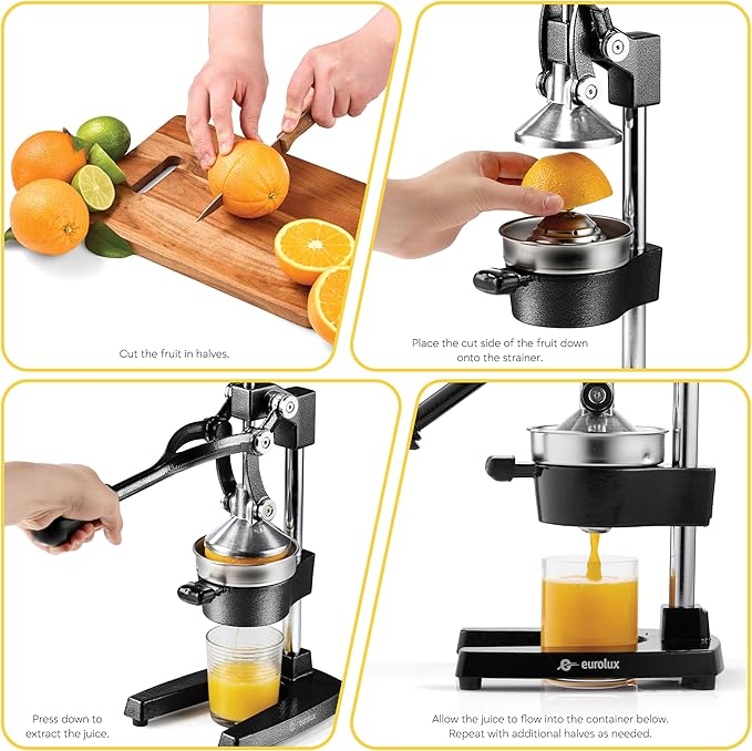 Eurolux Ultra-Premium Cast Iron Juicer | Extra-Large, Heavy Duty, Commercial Grade, Stainless Steel Manual Hand Press Citrus Squeezer For Fresh Orange Juice, Pomegranate, Lemon, and Much More (Black)