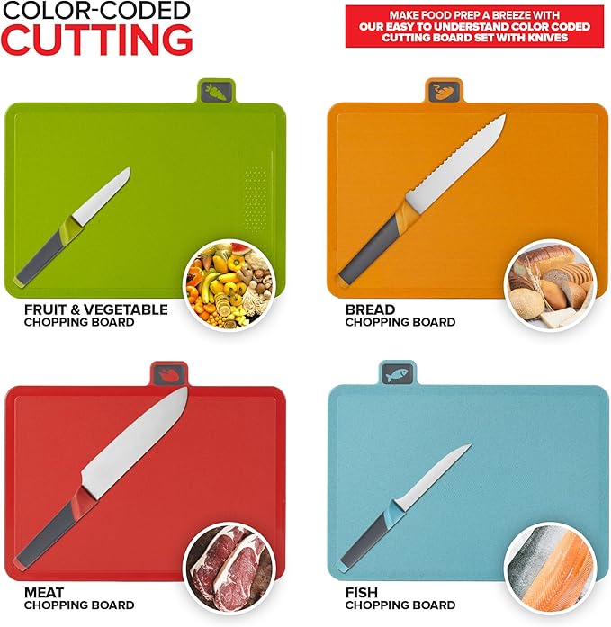 Modern Innovations Smart Cutting Boards and Knife Set, Self Cleaning Cutting Board & Knives Holder, Color Coded Cutting Board Set With Knives, All-In-One Cleaning Knife and Cutting Board Set 3 Pack