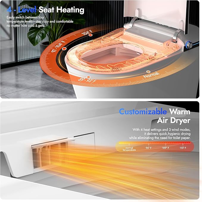 Elongated Smart Toilet with Bidet, Tankless Toilet with Auto Powerful Flush,Auto Open/Close, One Piece Toilet with Heated Seat, Warm Wash & Dryer, Built-in Aroma System,Japanese Toilets