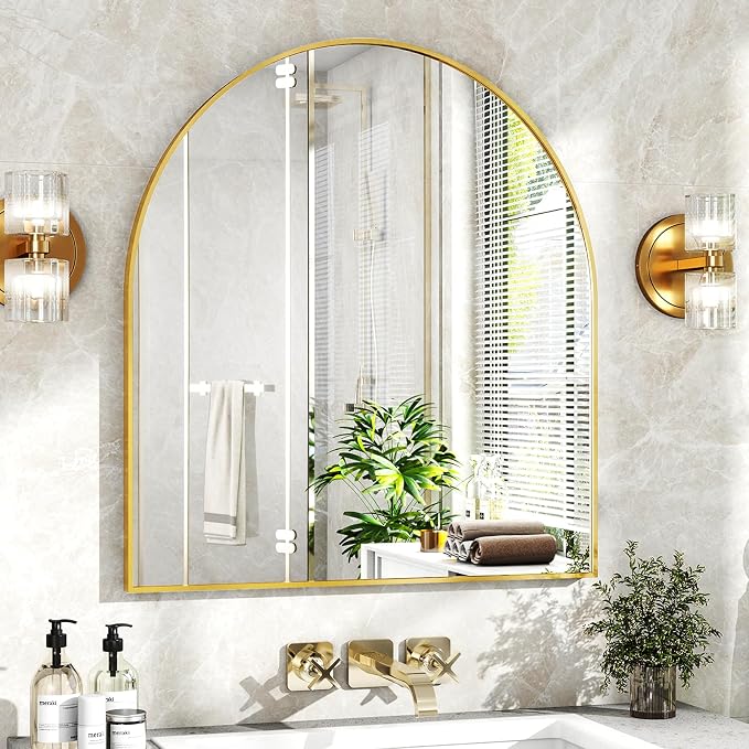 XRAMFY 31"x32" Arched Wall Mirror for Bathroom, Gold Vanity Mirror for Bedroom, Living Room, Entryway, Decorative Hanging Mirror for Wall