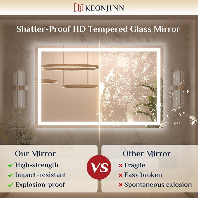 Keonjinn 30 x 36 Inch LED Bathroom Mirror with Lights, Vanity Mirror with Frontlit & Backlit, Dimmable 3-Color Temperature, Lighted Mirror with Anti-Fog, Tempered Glass(Horizontal/Vertical)