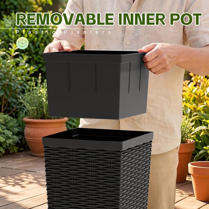 Devoko Resin Tall Planters for Outdoor Plants Set of 2, Large Taper Outdoor Planter Pots with 4 Drainage Holes, Flower Pots Modern Decor for Porch, Patio, Backyard, Garden(Black, 24''with Trays)