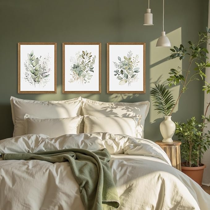 WRFON Framed Sage Green Botanical Wall Art Set of 3, Watercolor Eucalyptus & Wild Plant Canvas Prints, Minimalist Green Wall Decor for Living Room Bedroom Bathroom, 16x24 Inches