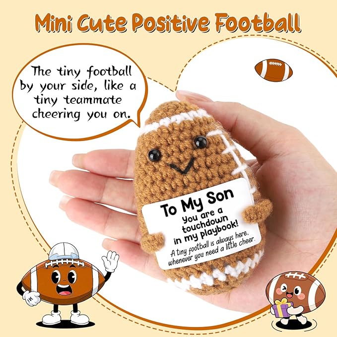 BiuNiuring Mini Funny Son Fathers Day Birthday Gifts from Mom Dad, Handmade Crochet Graduation Gifts for Teens Boys, Positive Football Doll Cheer Up with Inspirational Card Gift for Adults Son in Law