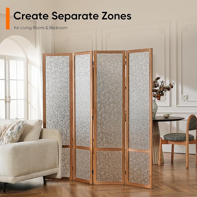 JOSTYLE Acrylic Room Divider, Frosted Glass Like Partition Privacy Screen, 4-Panel Contemporary Translucent Wall Divider for Bedroom&Office, Brown Wood Frame, 67" H x 64" W