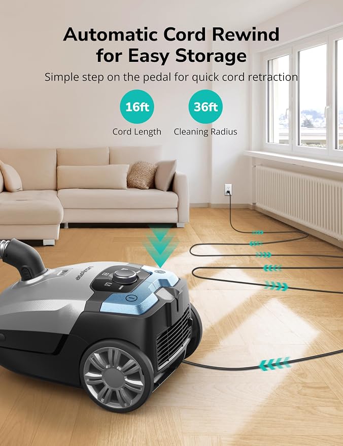 Aspiron Canister Vacuum, 1700W/45KPA Bagged Vacuum Cleaner, 5L Large Capacity, Auto Cord Rewind, HEPA Filter, Low Noise, 8M Cleaning Radius, Easy to Push, for Hard Floor, Low Pile Carpet, Crack, Car