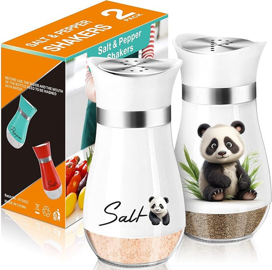 Panda Salt and Pepper Shakers Set,4 oz Glass Bottom Salt Pepper Shaker with Stainless Steel Lid Kitchen Decor and Accessories Refillable Design(Panda Sitting)