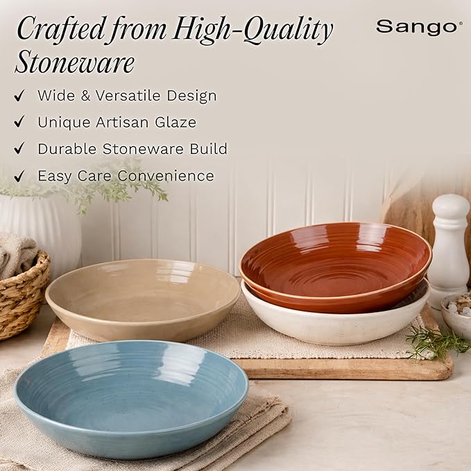 Sango Siterra Painter's Palette Stoneware Pasta Bowls (Set of 4) – Pasta & Serving Bowls, Earthy Reactive Glaze, Multi Assorted Colors, Microwave & Dishwasher Safe, for Everyday Dining & Entertainment