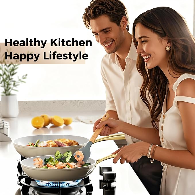 Sanho Ceramic NonStick Frying Pan, 8 & 10 Inch Frying Pans Skillet, Non Stick Egg Pans with Cool Touch PVD Handle for Induction, Dishwasher & Oven Safe, PTFE & PFOA Free, Non Toxic for Healthy Cooking