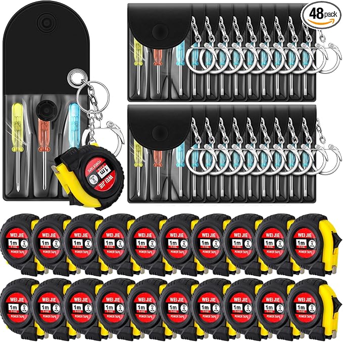 Jutom 48 Pcs Mini Tape Measure Keychain Bulk Mini Screwdriver Keychain Set Adult Tool Party Prize for Father's Men Gifts