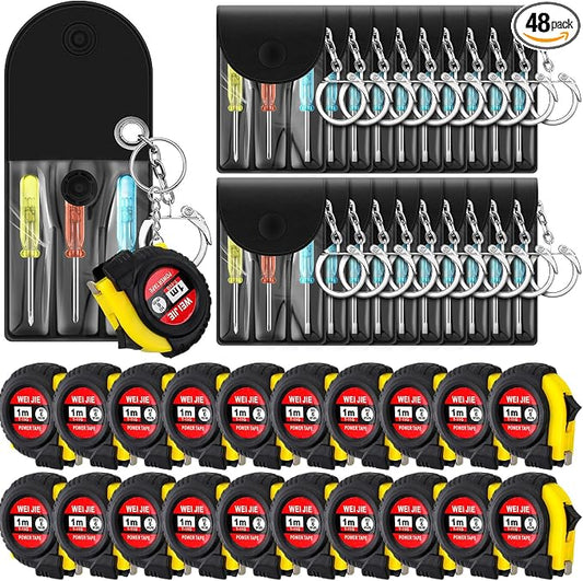 Jutom 48 Pcs Mini Tape Measure Keychain Bulk Mini Screwdriver Keychain Set Adult Tool Party Prize for Father's Men Gifts