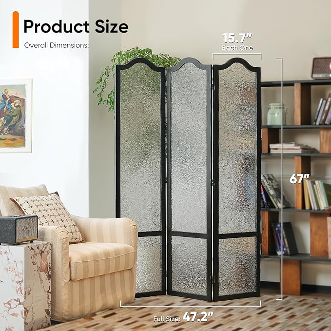JOSTYLE Acrylic Room Divider, Folding Privacy Screen for Office & Loft, 3-Panel Modern Room Partition, Frosted Glass Like, Black Wood Frame, 67" H x 47.2" W