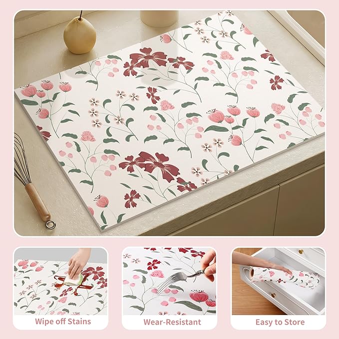Flower Design Drying Mat Non-slip Bar Mats for Kitchen Bathroom Counter & Sink Side 16"X 24",Perfect as Housewarming Gift (Floral Whispers,White)