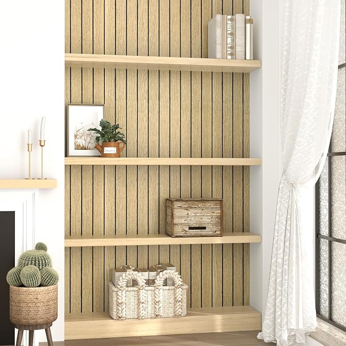 Wallercity Brown Wood Slat Wall Paneling for Interior Walls Removable Soundproof Wall Panels 3D Textured Peel and Stick Wood Panel Flexible Light Wooden Panels for Bedroom Office Studio 11.7''x197''