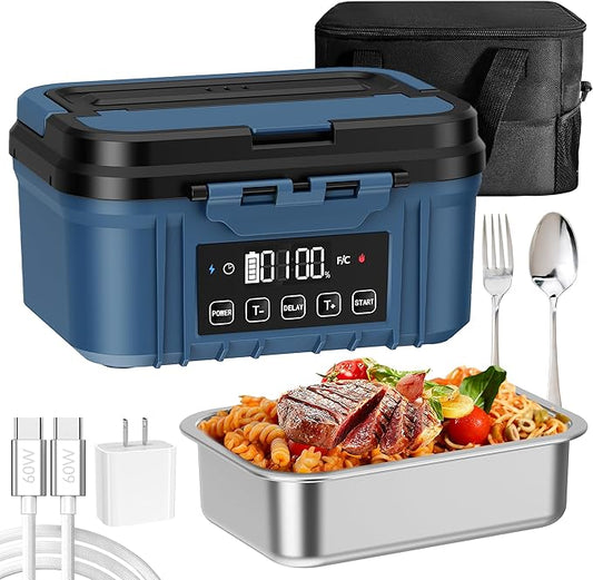 Cordless Electric Lunch Box for Adults – Battery-Powered Heated Lunch Box with 1.2L Stainless Steel Container, Timer Function, and Leak-Proof Food Warmer for Work, Travel & Office(Aqua Blue)